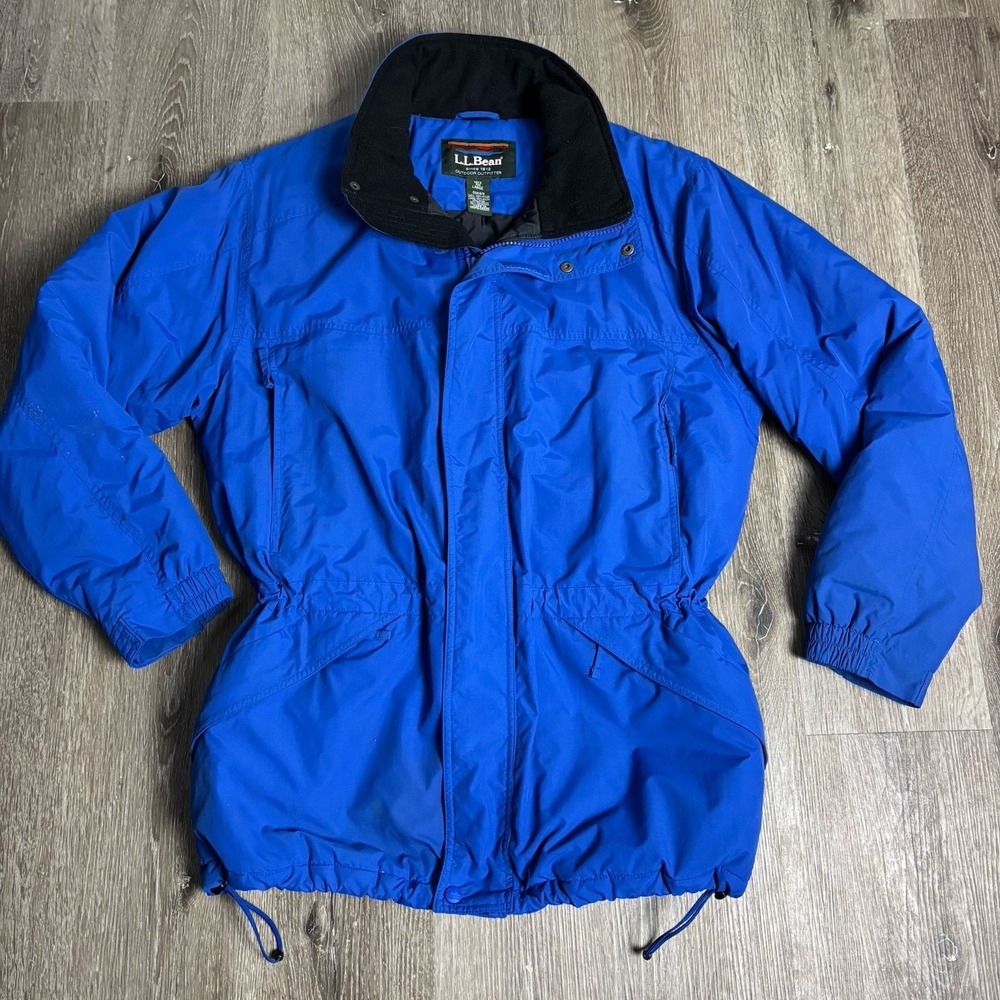 LL Bean Men's L Blue Parka‎ Trench Nylon Coat Zip OUK69 * No Hood